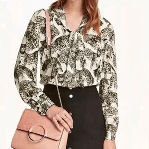 H&M Black and White Leopard Cat Animal Print Blouse 12 NWOT